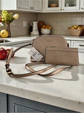 Kate Spade Rose Gold Glitter Tinsel Dome Crossbody with Matching Cardholder